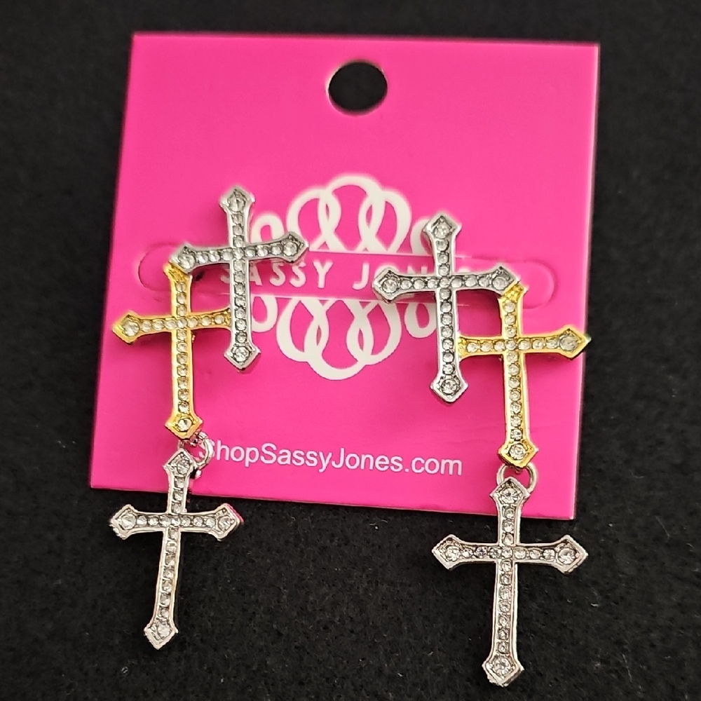 Sassy Jones Gold and Silver Cross Dangle Earrings